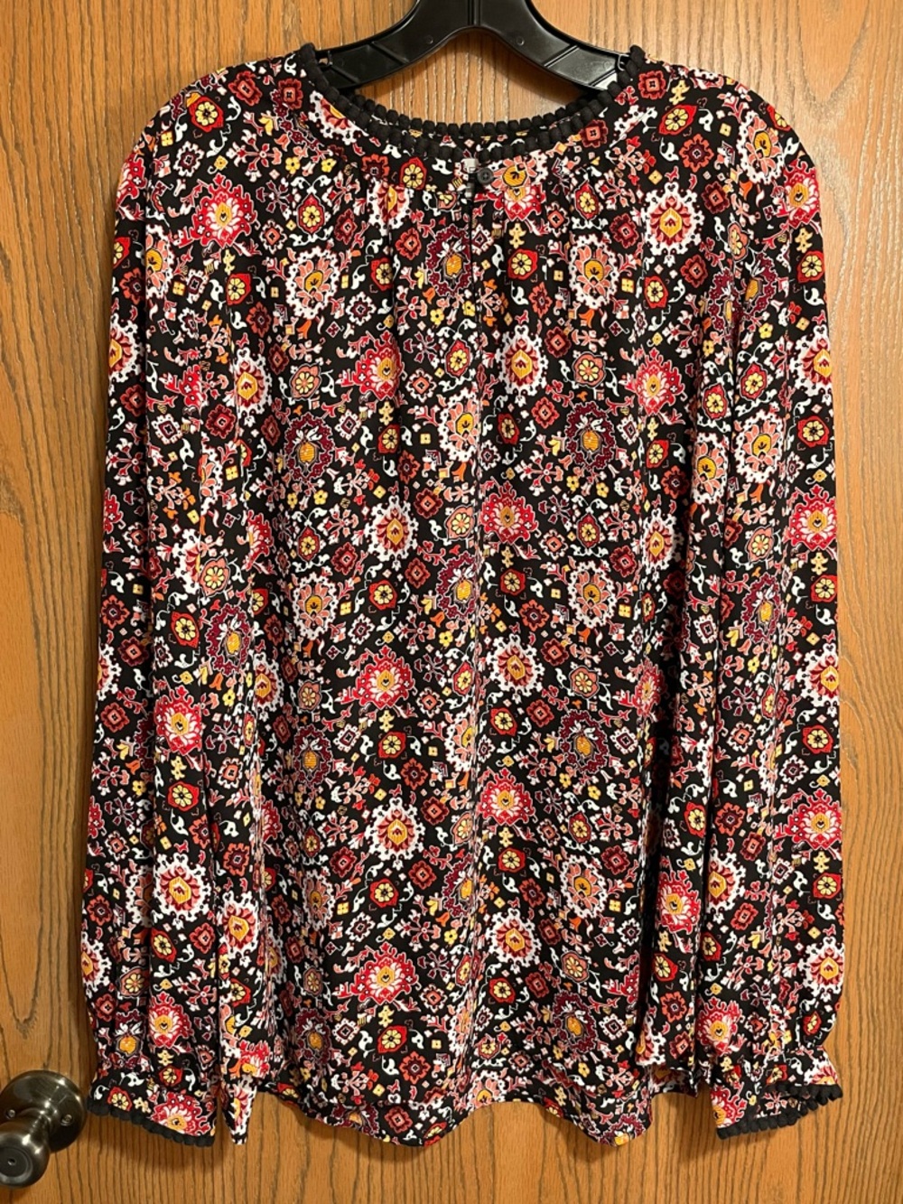 LOFT Black Floral Print Blouse with Red, Pink and Yellow Accents